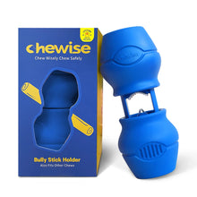 Blue bully stick holder with 'Chewise' branding next to its packaging on a white background