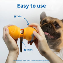 Person twisting and inserting a dog chew into a chew holder with text indicating ease of use.