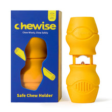 Yellow chew stick holder with 'Chewise' branding next to its packaging on a white background