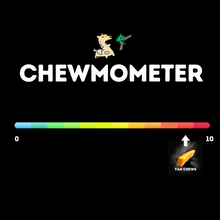 A graphic that shows a scale of 1 to ten, with a yak chew coming in at an 8. Titled chewmometer. 