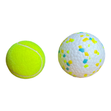 Size comparison of large ball showing the ball is 1.5 times larger than a standard tennis ball