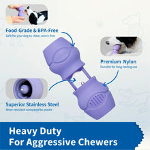 Purple dog chew holder with text highlighting features on a light blue background