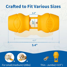 Yellow dog chew holder with measurements and usage information on a blue and white background